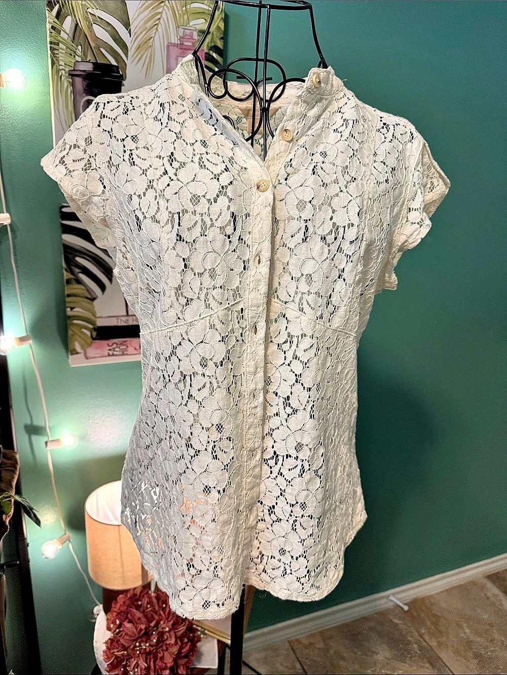 MICHAEL Michael Kors Cream Floral Lace Button Front Blouse Size M
